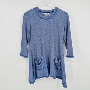 LOGO Lori Goldstein Size XS Blue Space Dye Striped 3/4 Sleeve Pocket Tunic Top